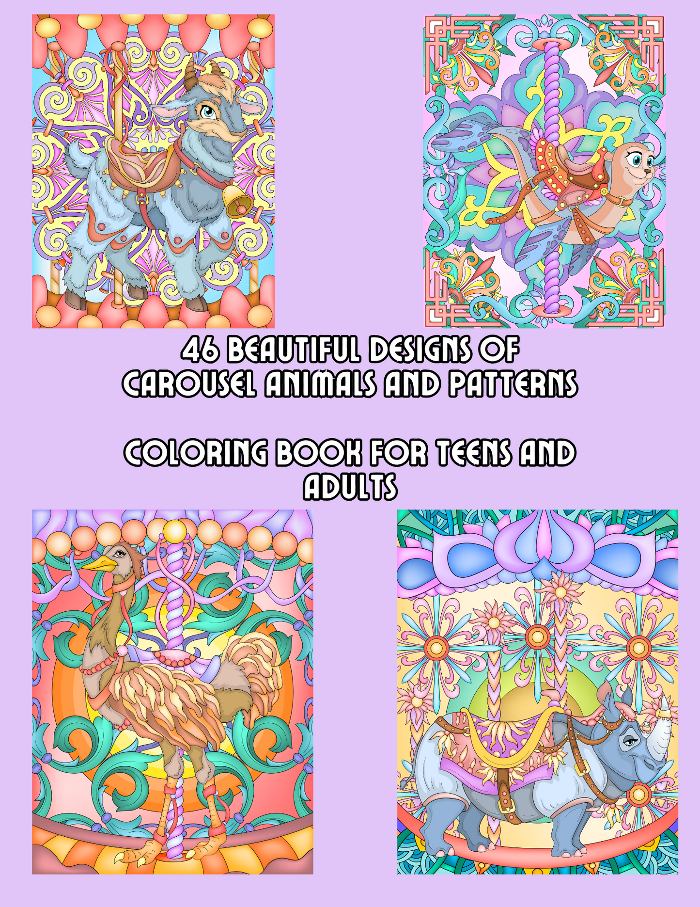 Carousel Animals Coloring Book | 46 Beautiful Fantasy Pages of Intricate Patterns and Animals for Teens and Adults | Instant PDF Download