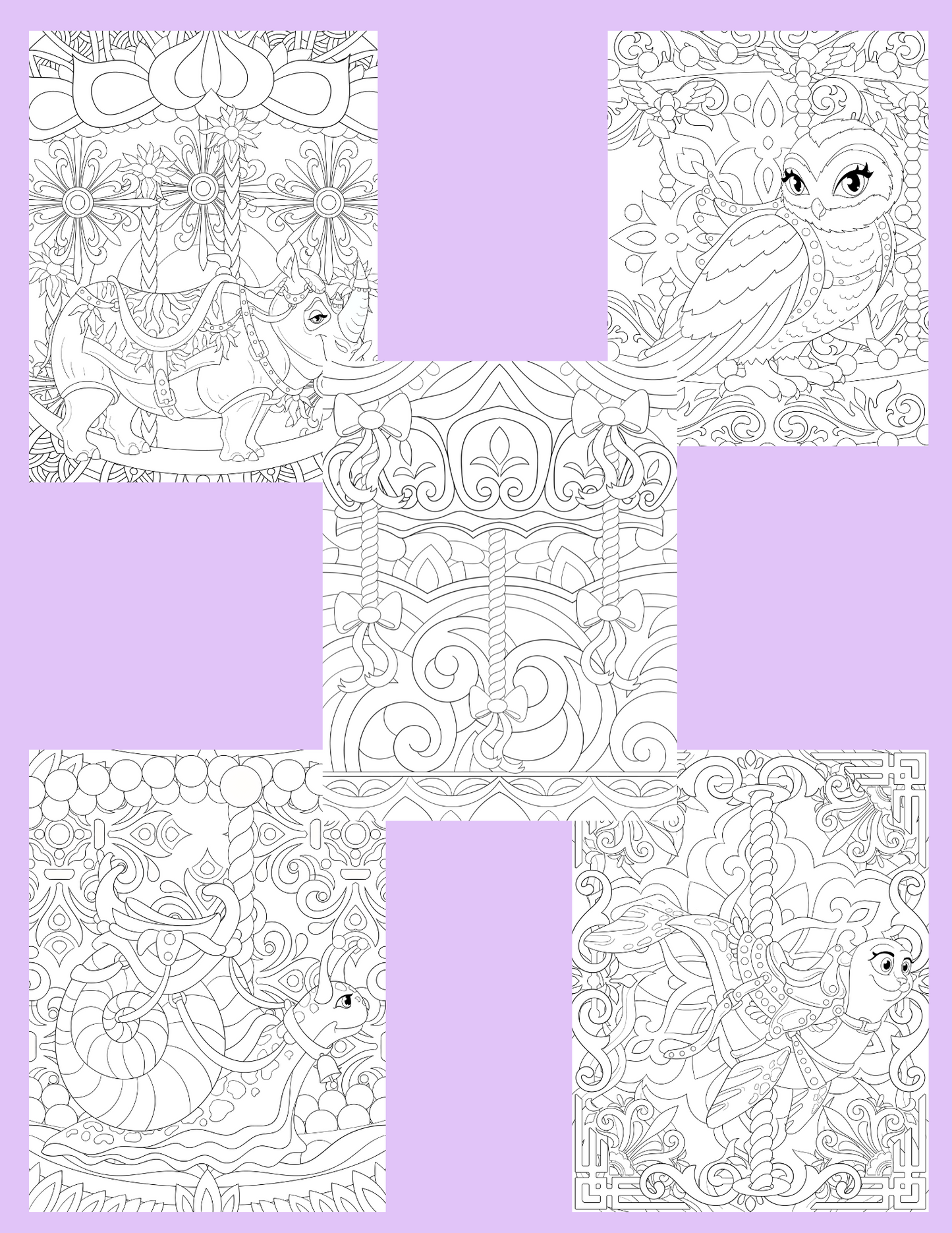 Carousel Animals Coloring Book | 46 Beautiful Fantasy Pages of Intricate Patterns and Animals for Teens and Adults | Instant PDF Download