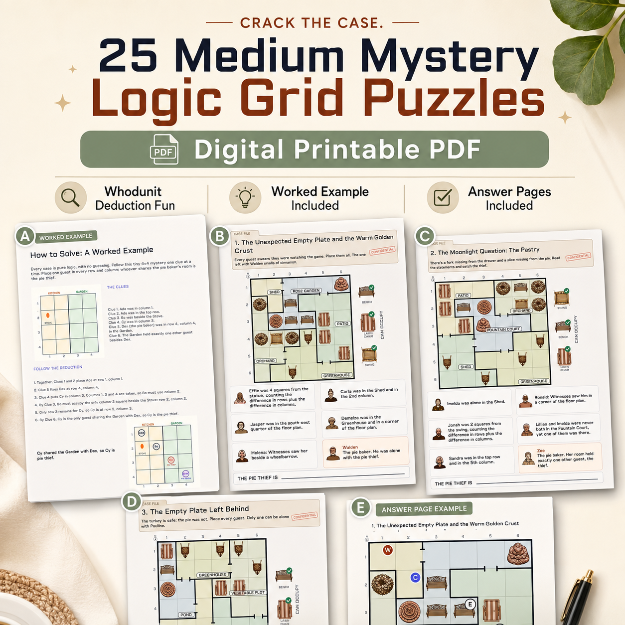 25 Medium Mystery Logic Grid Puzzles a 'Digital Printable PDF.' The design shows several sample logic grid worksheet pages arranged on a light beige background with decorative leaf and wheat props.