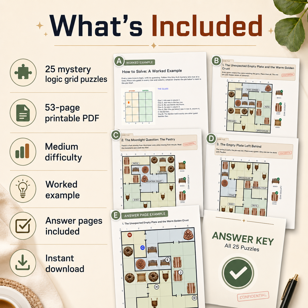 Deduction puzzle book 25 mystery logic grid puzzles, 53-page printable PDF, medium difficulty, worked example, answer pages included, and instant download. 