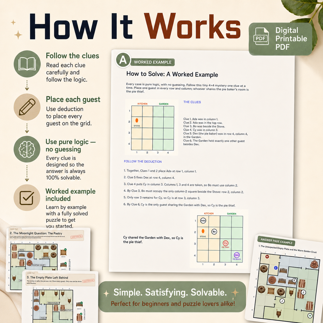 A digital printable guide titled 'How It Works' for a Sudoku puzzle game, featuring step-by-step instructions, a worked example Sudoku page, and small screenshots of mobile and desktop versions on a light beige background.