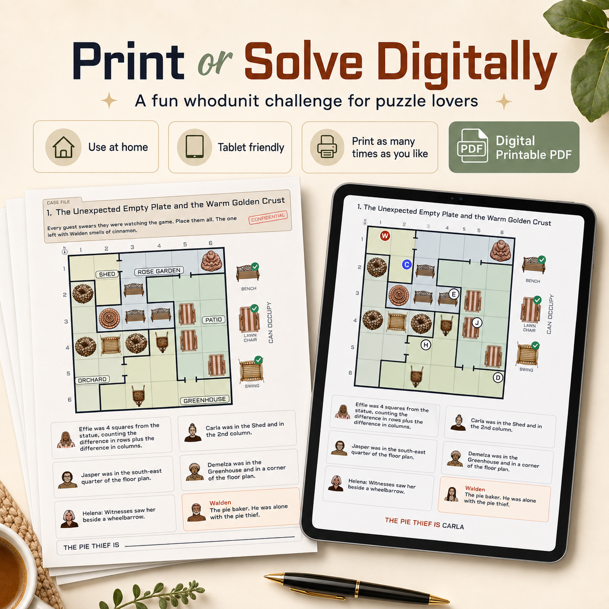 Print or Solve Digitally promotional graphic showing a printable puzzle worksheet on a sheet and on a tablet screen. The layout includes feature icons and text such as 'Use at home,' 'Tablet friendly,' 'Print as many times as you like,' and 'Digital Printable PDF.