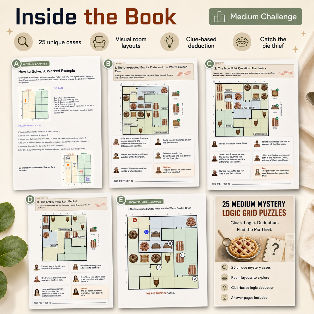 A medium-challenge logic puzzle book titled "Inside the Book." The design shows several sample pages with maps, clues, and waffle-themed graphics, plus marketing text such as "25 unique cases," "Visual room layouts," "Clue-based deduction," and "Catch the thief.