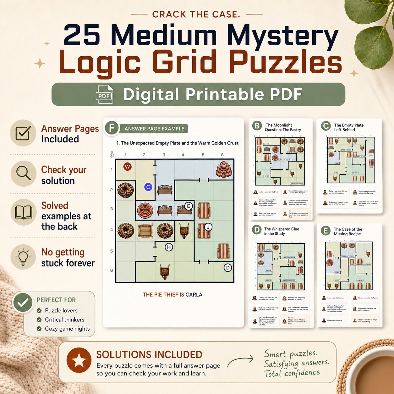 Promotional graphic for a digital product: '25 Medium Mystery Logic Grid Puzzles' in PDF format. The design features a warm beige background with decorative leaf elements, listing key features like included answer pages, solved examples on the back, and no getting stuck forever.