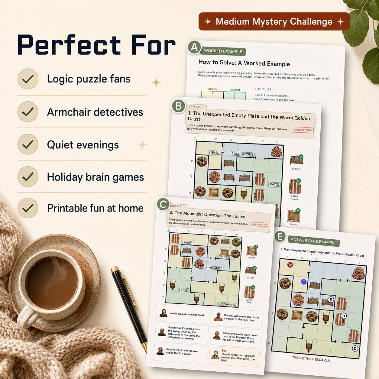 Printable logic puzzle game sheets shown on a warm beige background with promotional text, a coffee cup, a pen, and a knitted scarf. The sheets include example puzzles and maze-style activity pages.