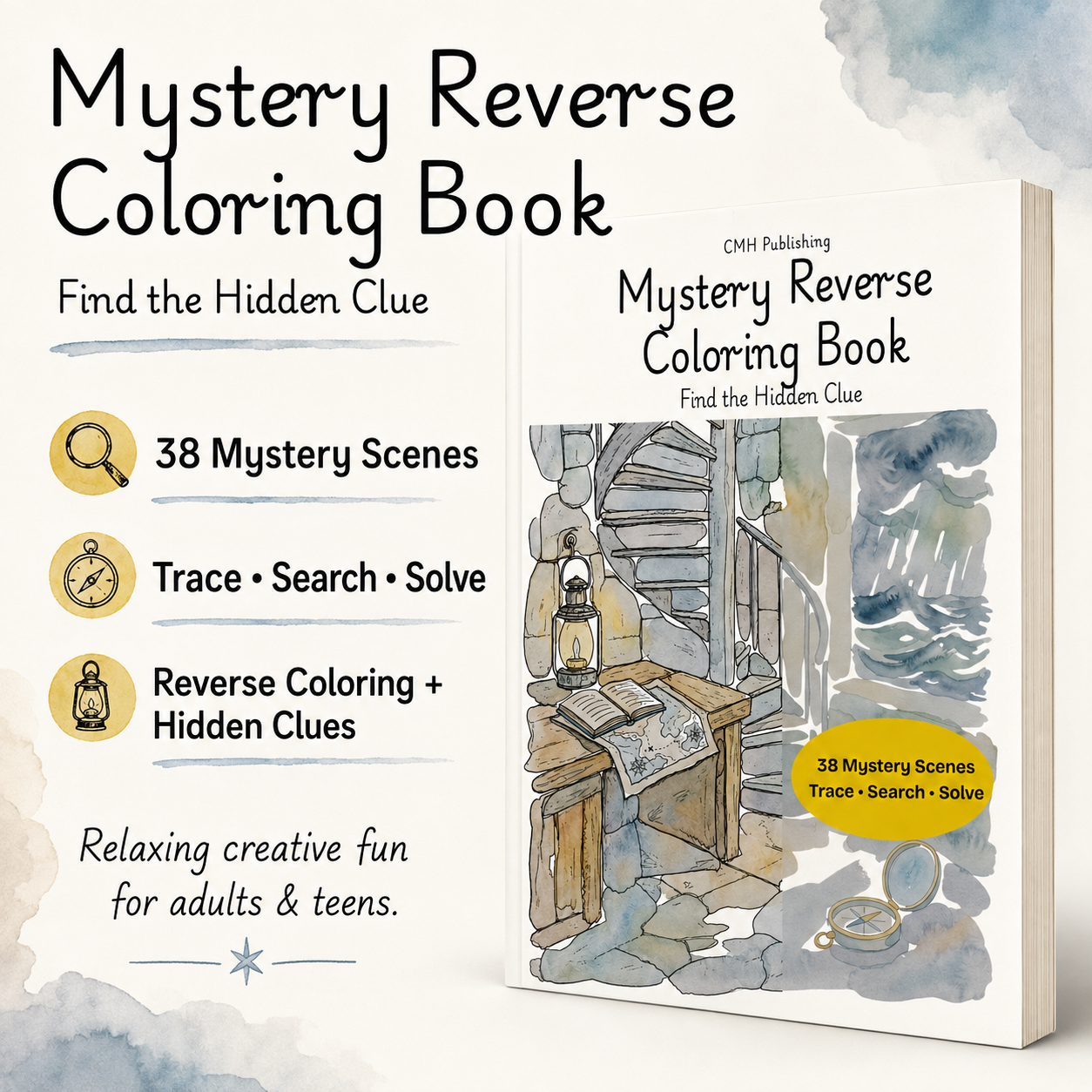 Mystery Reverse Coloring Book cover and promotional graphic on a light watercolor-textured background. The book cover shows an illustrated old stone staircase and lantern scene, with text highlighting 38 mystery scenes, trace/search/solve activity, and relaxing creative fun for adults and teens.