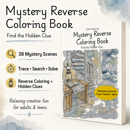 Mystery Reverse Coloring Book cover and promotional graphic on a light watercolor-textured background. The book cover shows an illustrated old stone staircase and lantern scene, with text highlighting 38 mystery scenes, trace/search/solve activity, and relaxing creative fun for adults and teens.