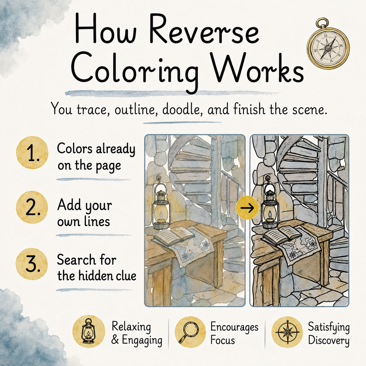 An educational coloring book cover titled 'How Reverse Coloring Works' with a compass illustration in the top right by CMH Publishing