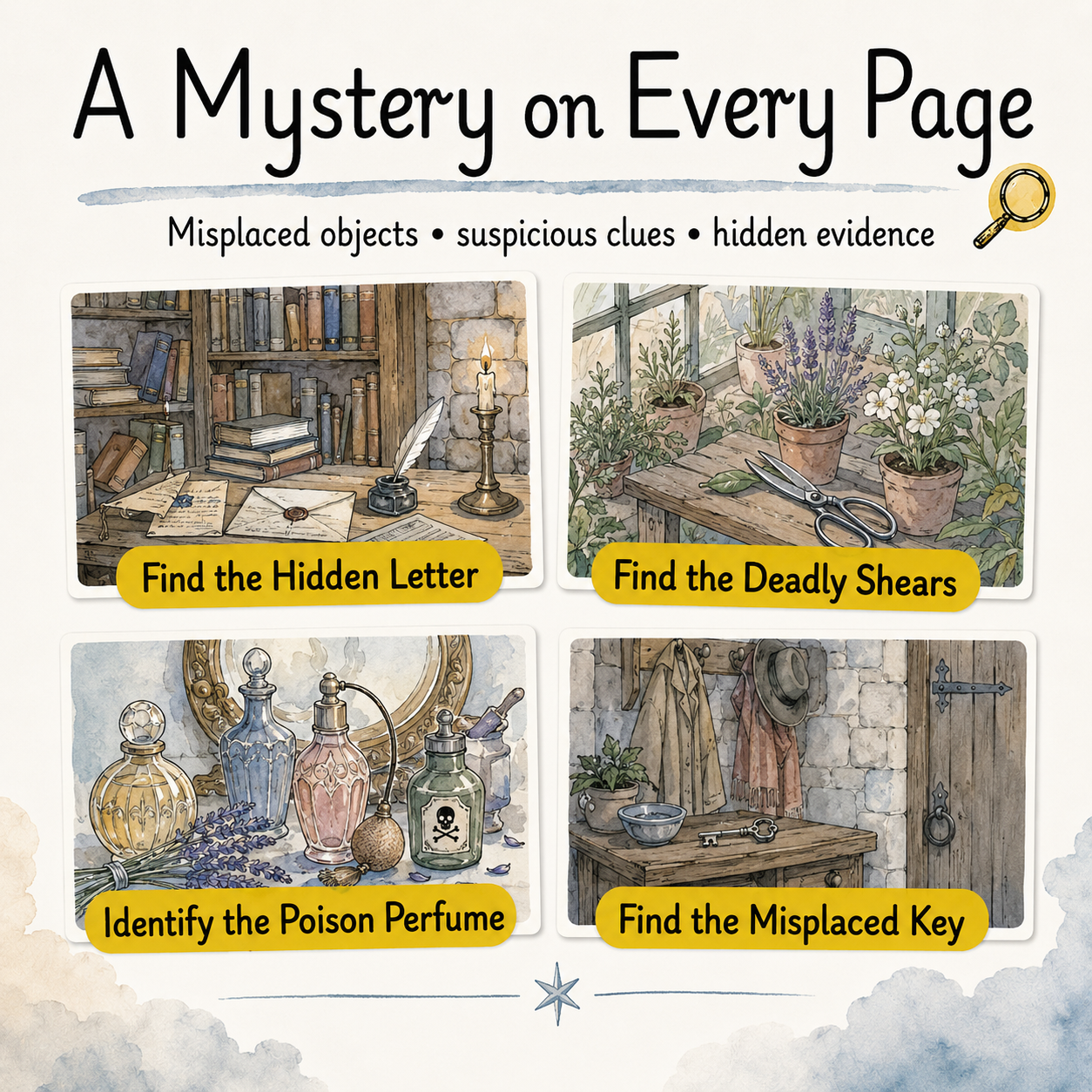 A Mystery on Every Page showing four illustrated puzzle scenes: a hidden letter in a study, deadly shears in a greenhouse, poison perfume bottles, and a misplaced key in a room. 