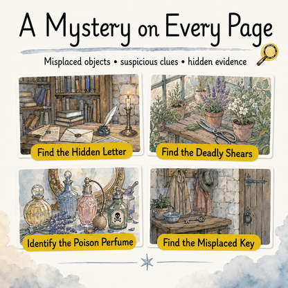 A Mystery on Every Page showing four illustrated puzzle scenes: a hidden letter in a study, deadly shears in a greenhouse, poison perfume bottles, and a misplaced key in a room. 