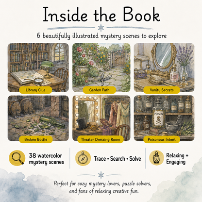 Promotional graphic for a watercolor mystery scene puzzle book titled 'Inside the Book'. The image features six illustrated mystery scenes: 'Library Clue', 'Garden Path', 'Vanity Secrets', 'Broken Bottle', 'Theater Dressing Room', and 'Poisonous Intent'.