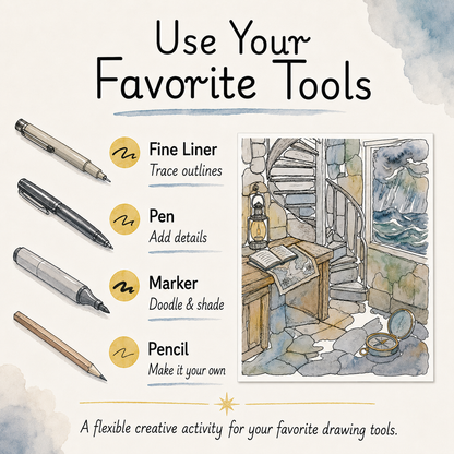 An illustrated activity card titled 'Use Your Favorite Tools' showing pens, a pencil, and a marker next to a watercolor scene of a stone staircase and window, with text explaining how to use each drawing tool.