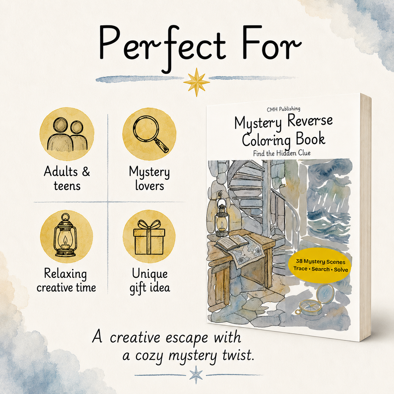 Promotional graphic for the 'Mystery Reverse Coloring Book' by CMH Publishing, 