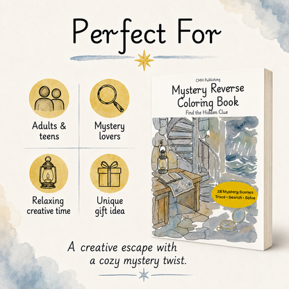 Promotional graphic for the 'Mystery Reverse Coloring Book' by CMH Publishing, 