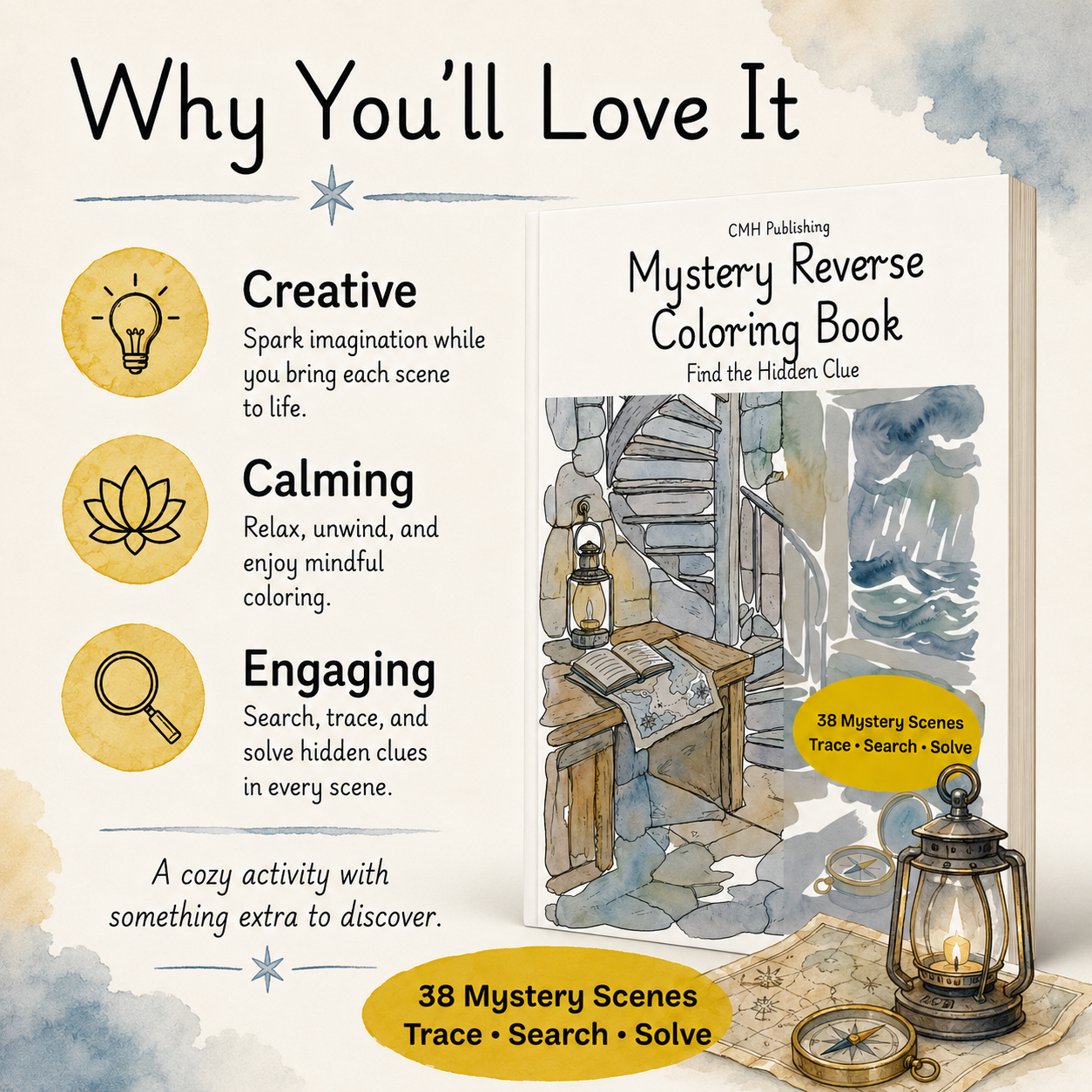 Promotional graphic for the 'Mystery Reverse Coloring Book' by CMH Publishing, showing the book open on a styled tabletop with a lantern, magnifying glass, and watercolor background. The left side features three benefit callouts: 'Creative', 'Calming', and 'Engaging'.