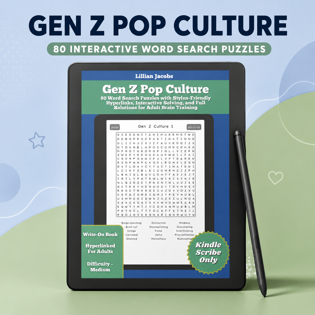 Gen Z Pop Culture Word Search for Kindle Scribe | 80 Interactive Puzzles for Adults