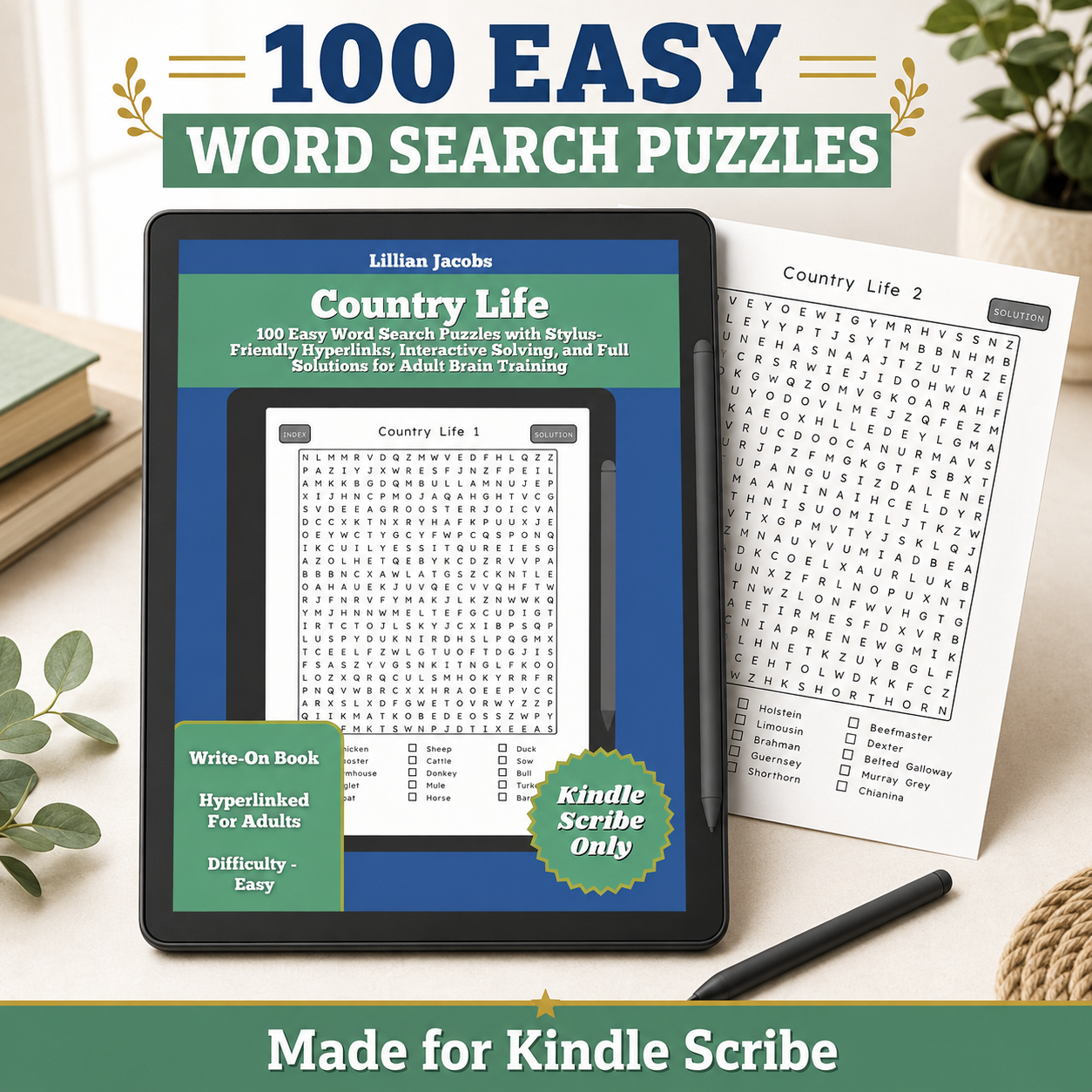 Country Life Word Search for Kindle Scribe – 100 Easy Interactive Puzzles for Adults & Teens