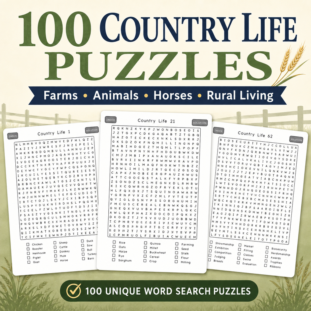 Country Life Word Search for Kindle Scribe – 100 Easy Interactive Puzzles for Adults & Teens