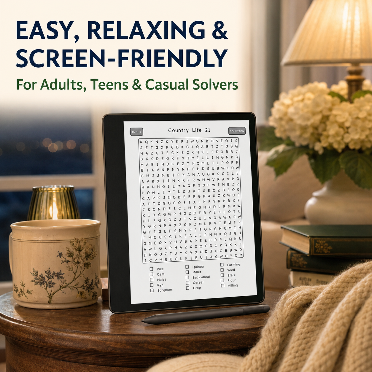 Country Life Word Search for Kindle Scribe – 100 Easy Interactive Puzzles for Adults & Teens