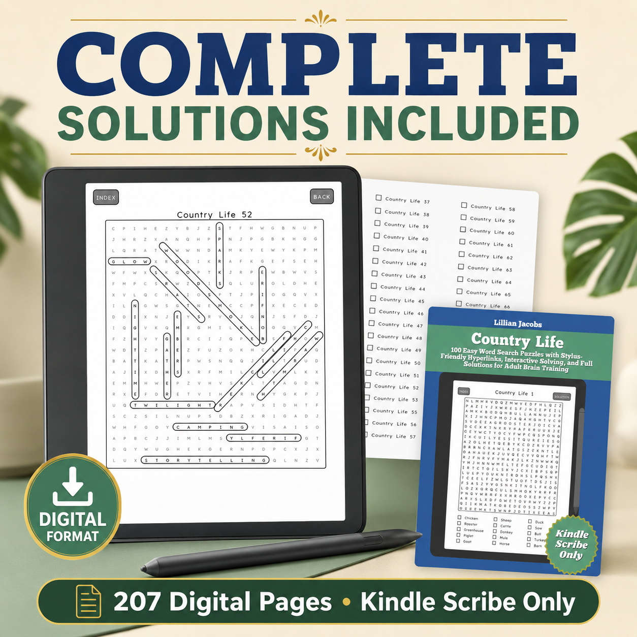 Country Life Word Search for Kindle Scribe – 100 Easy Interactive Puzzles for Adults & Teens