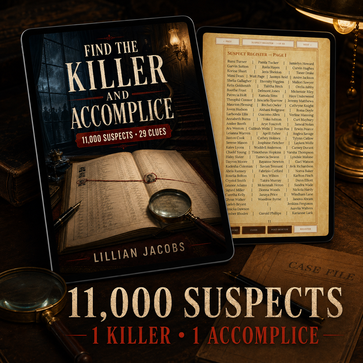 Find the Killer and Accomplice: An 11,000-Suspect Deduction Puzzle