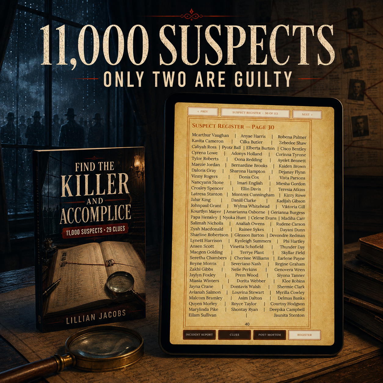 Find the Killer and Accomplice: An 11,000-Suspect Deduction Puzzle
