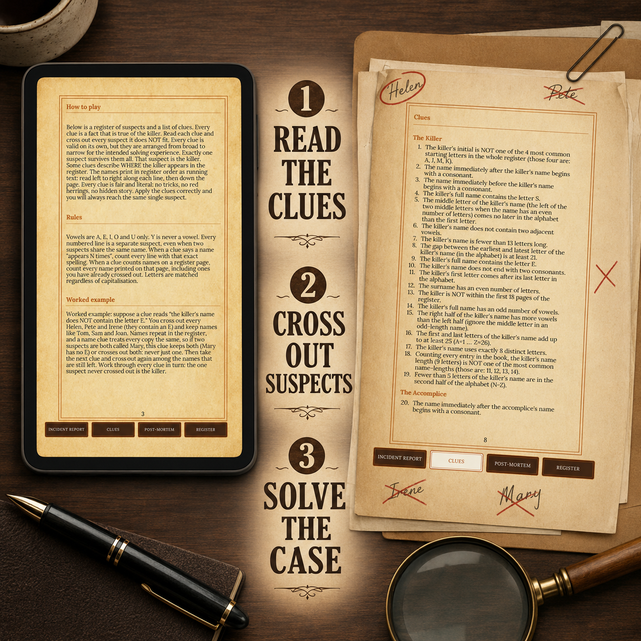 Find the Killer and Accomplice: An 11,000-Suspect Deduction Puzzle