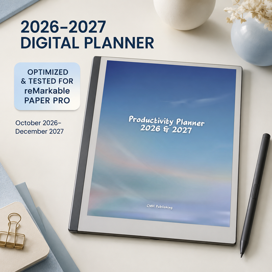 A digital planner cover mockup shown on a tablet screen, with promotional text reading '2026–2027 DIGITAL PLANNER' and 'Productivity Planner 2026 & 2027.' The planner cover has a soft blue gradient background with faint pastel streaks.