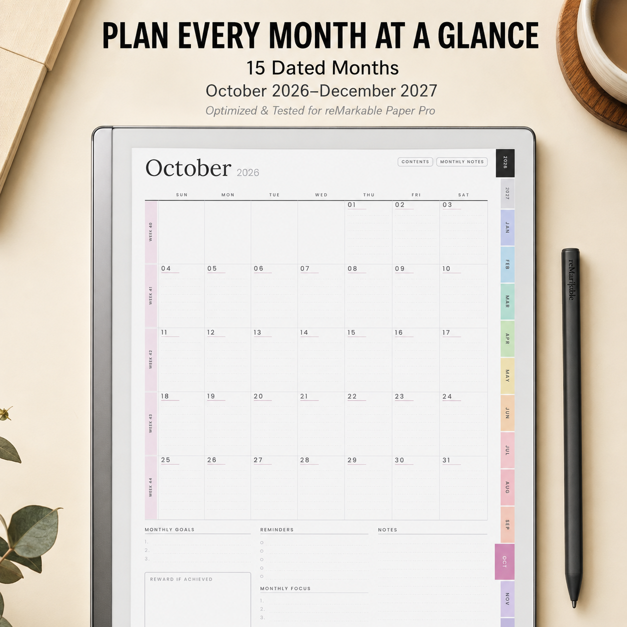 2026–2027 reMarkable Paper Pro Digital Planner | Hyperlinked 15-Month Productivity Planner