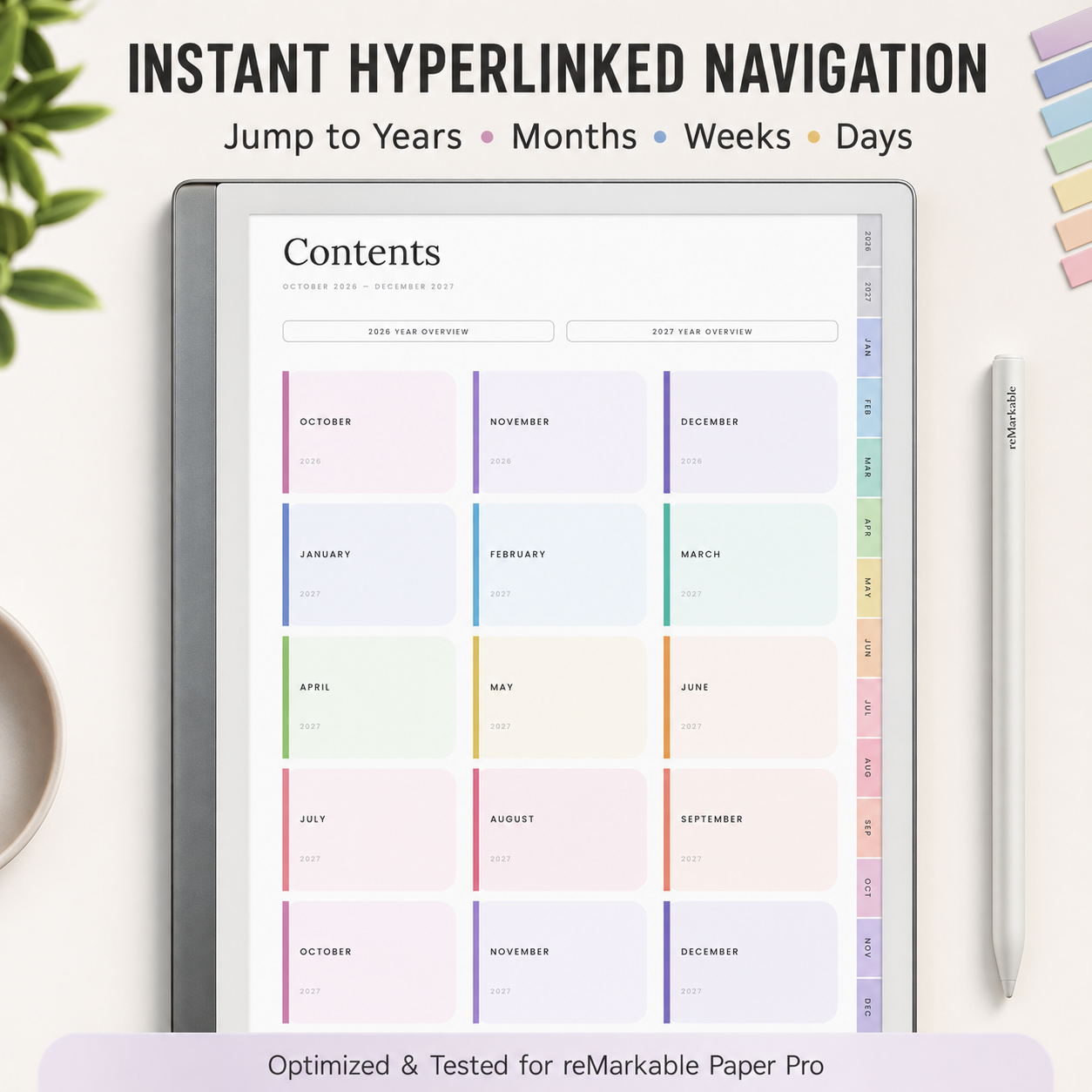 2026–2027 reMarkable Paper Pro Digital Planner | Hyperlinked 15-Month Productivity Planner