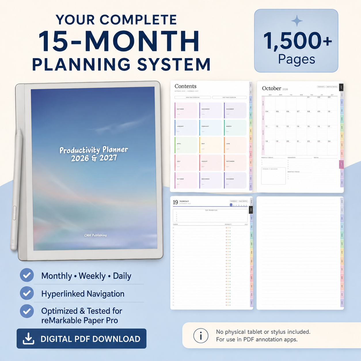 2026–2027 reMarkable Paper Pro Digital Planner | Hyperlinked 15-Month Productivity Planner