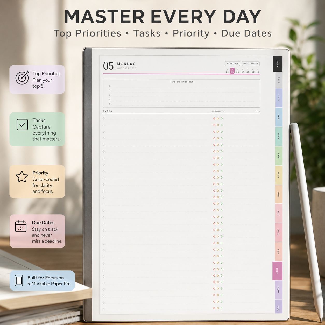 2026–2027 reMarkable Paper Pro Digital Planner | Hyperlinked 15-Month Productivity Planner