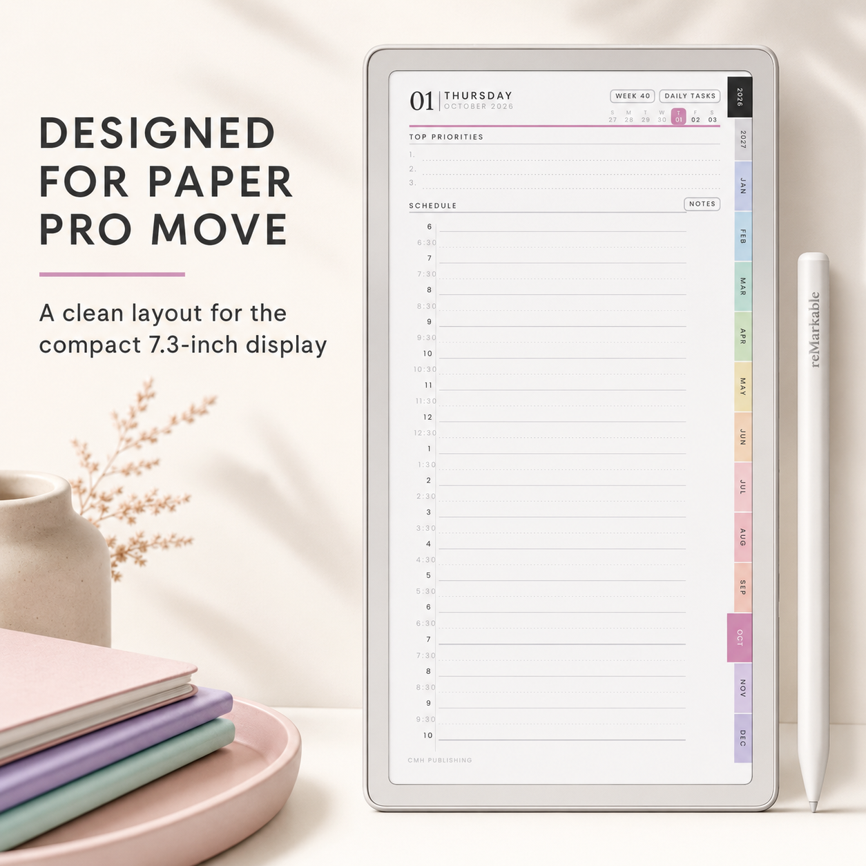 2026–2027 reMarkable Paper Pro Move Digital Planner – Hyperlinked Daily, Weekly and Monthly Productivity Planner