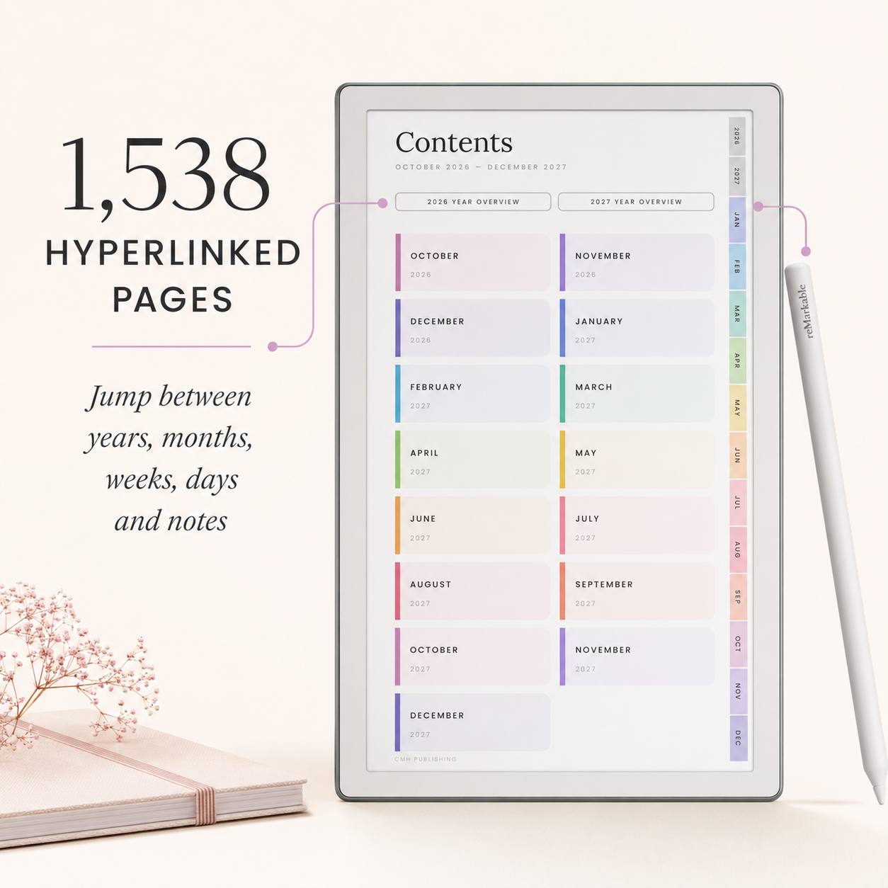2026–2027 reMarkable Paper Pro Move Digital Planner – Hyperlinked Daily, Weekly and Monthly Productivity Planner