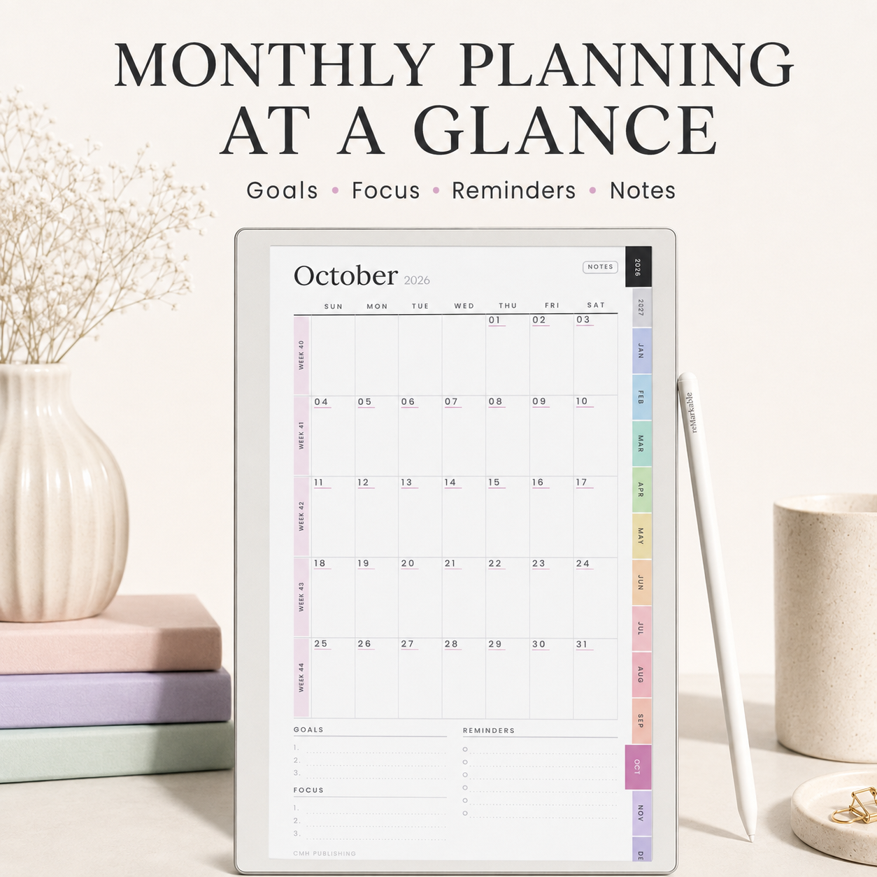 2026–2027 reMarkable Paper Pro Move Digital Planner – Hyperlinked Daily, Weekly and Monthly Productivity Planner