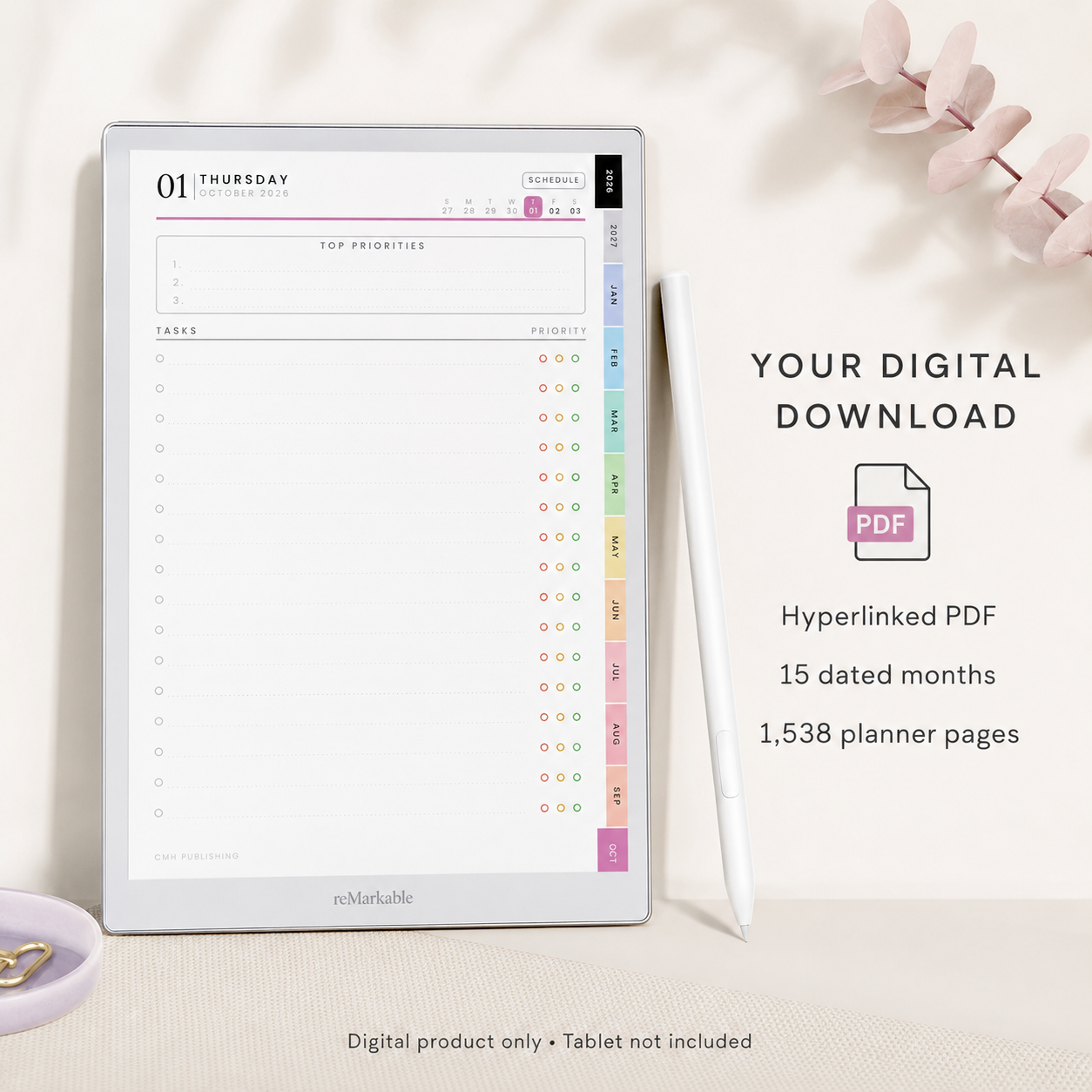 2026–2027 reMarkable Paper Pro Move Digital Planner – Hyperlinked Daily, Weekly and Monthly Productivity Planner