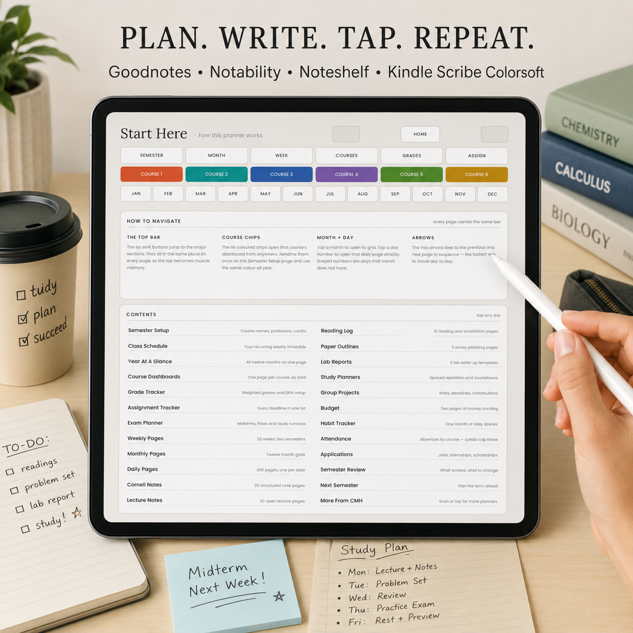 A tablet on a desk shows a study planner template by CMH Publishing