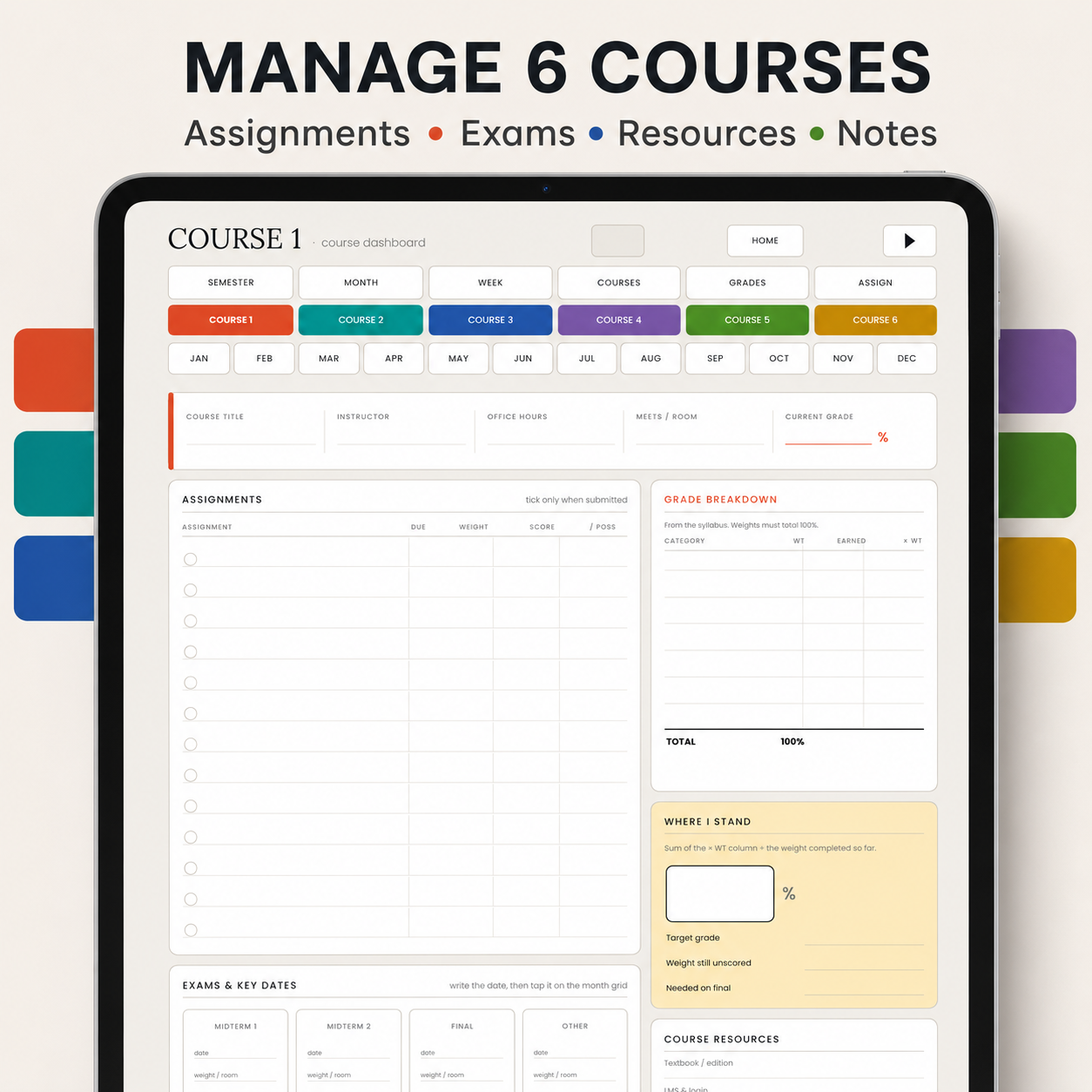 A digital course management dashboard shown on a tablet screen by CMH Publishing