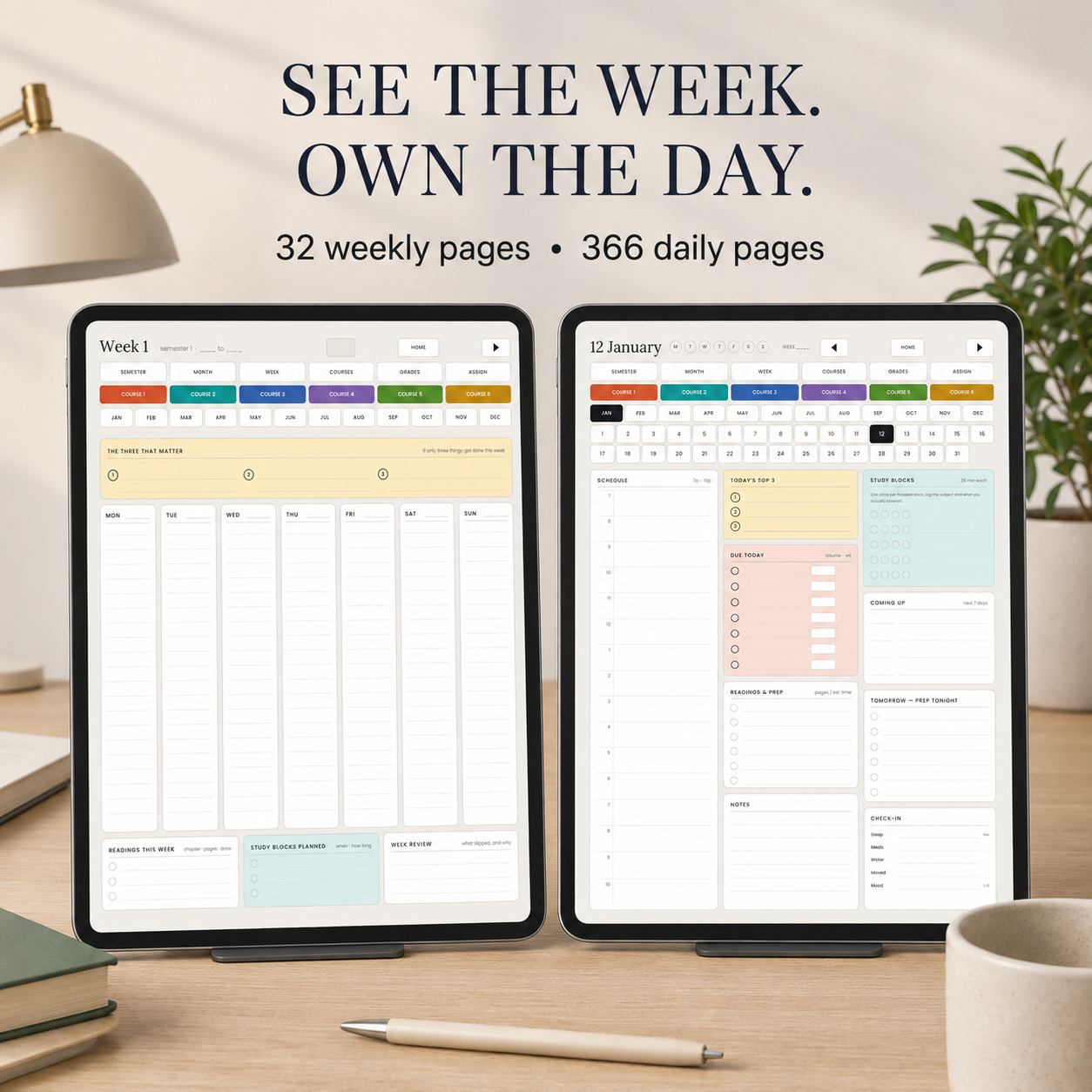 Two digital weekly planner templates displayed on tablet screens over a desk setup, with text reading 'SEE THE WEEK. OWN THE DAY.