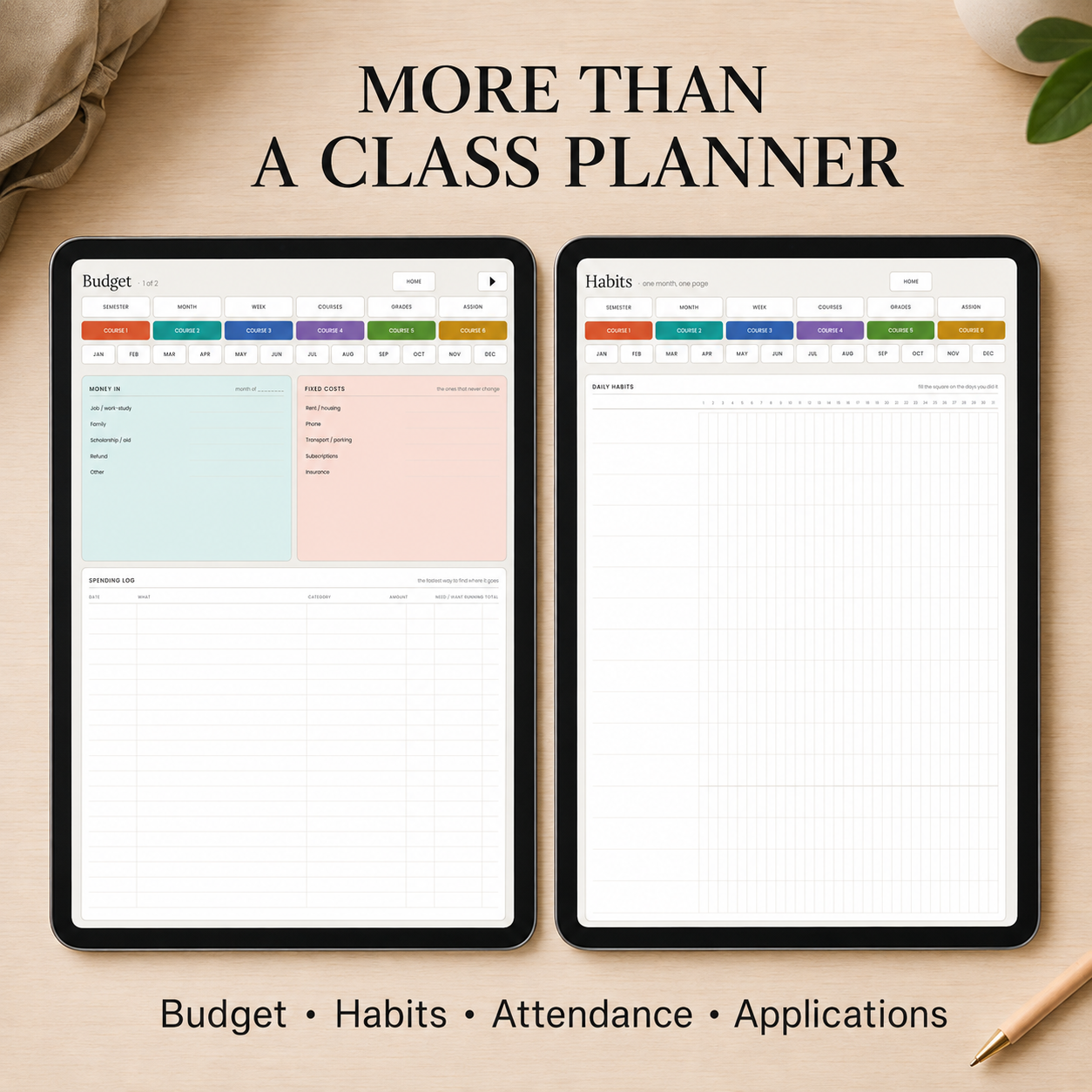 Two digital planner templates displayed on tablet screens over a light wood background, with the headline 'MORE THAN A CLASS PLANNER' at the top and 'Budget • Habits • Attendance • Applications' at the bottom.