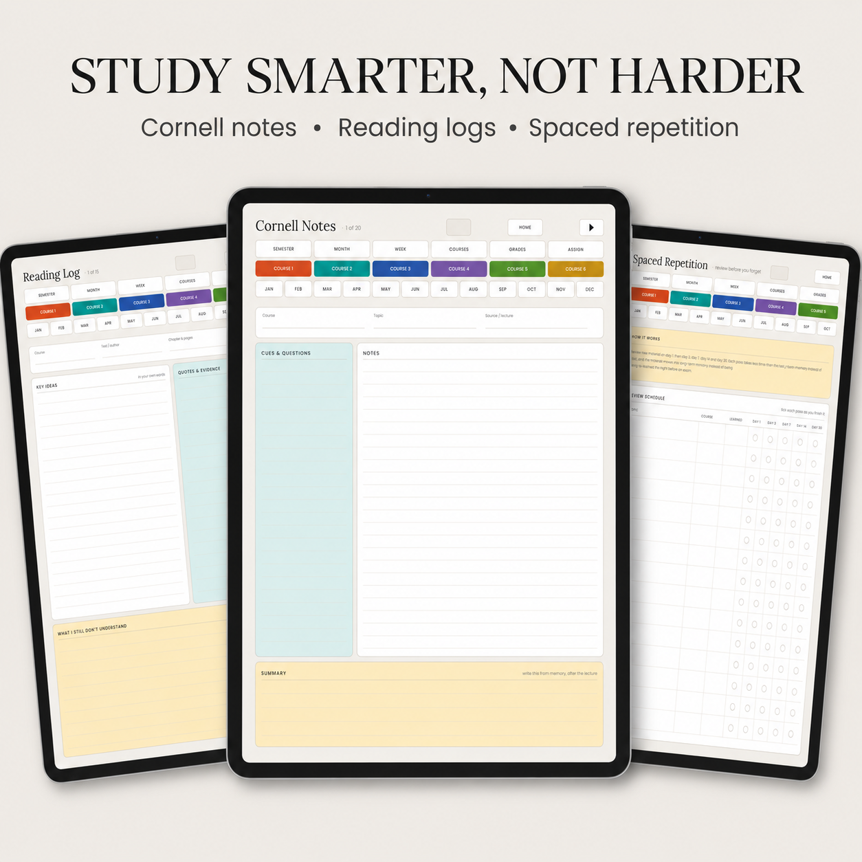 Three digital study planner templates displayed on tablet screens, with the center tablet showing a Cornell Notes layout and the side tablets showing a Reading Log and a spaced repetition chart. 