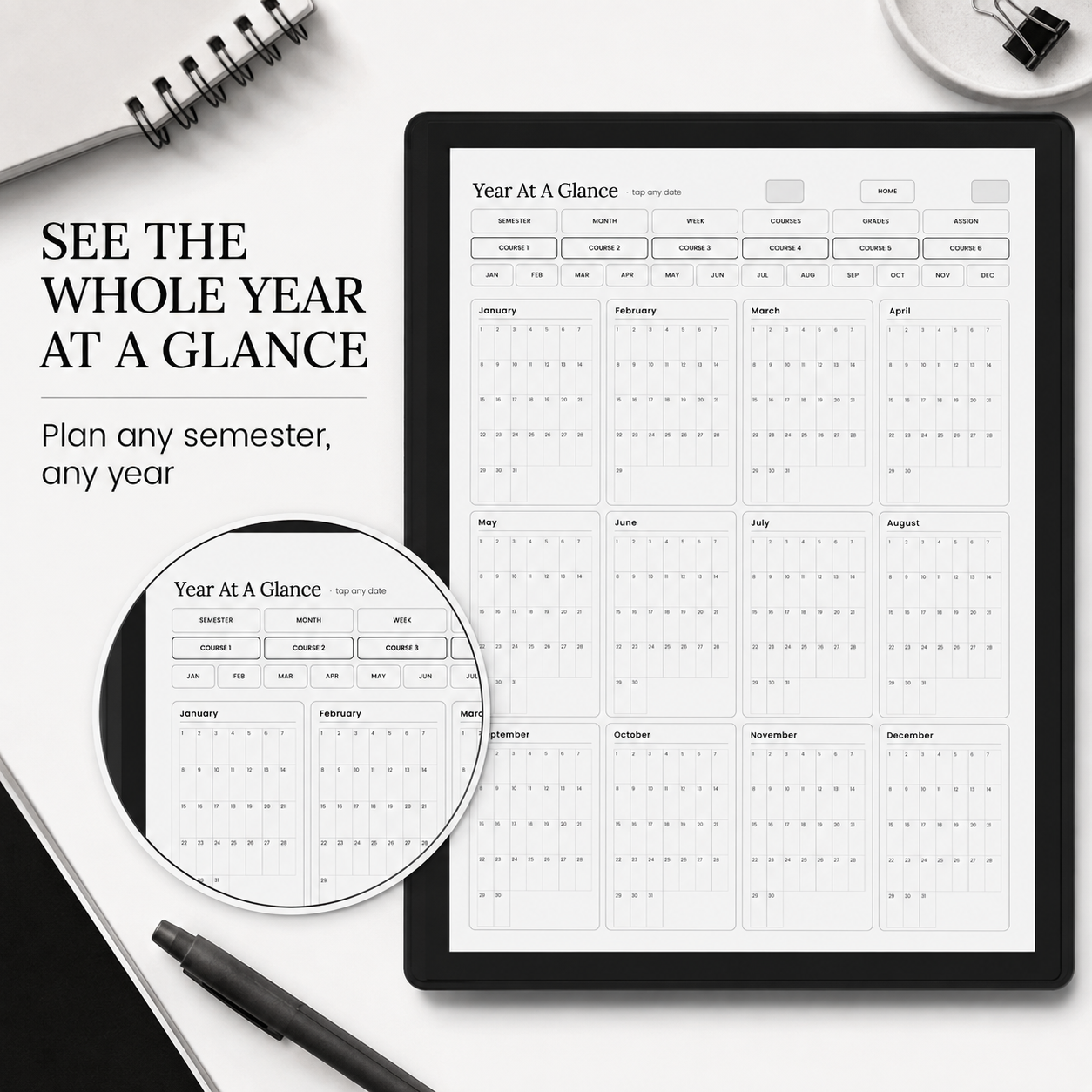 A digital semester planner displayed on a tablet screen, with a circular inset showing a closer view of the monthly calendar layout. 