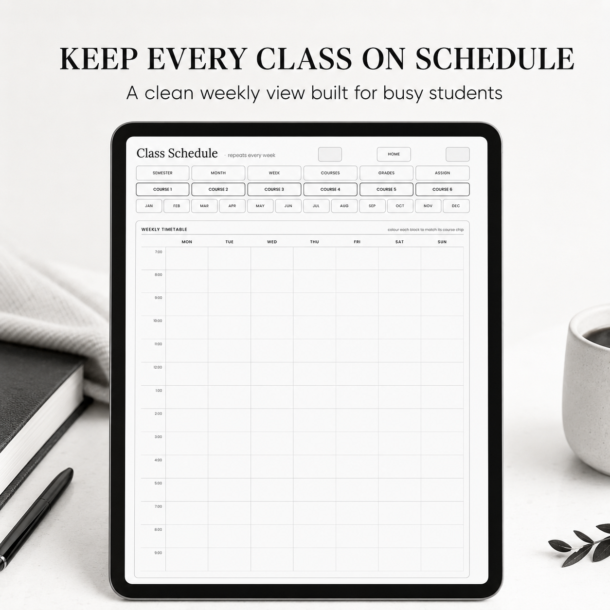 A tablet displaying a clean weekly class schedule template by CMH Publishing