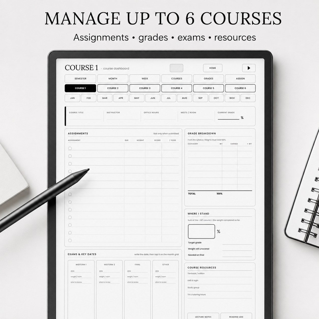 A tablet on a light gray surface displays a course dashboard template. A black stylus rests on the tablet, with part of a notebook visible at the lower right.