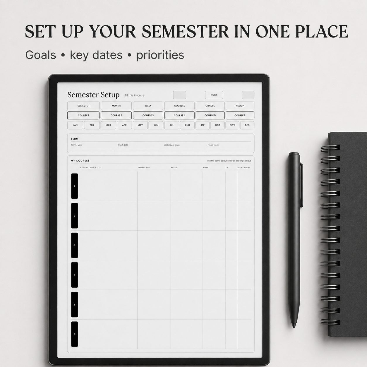 A tablet displaying a semester planner template, styled on a light gray background 
