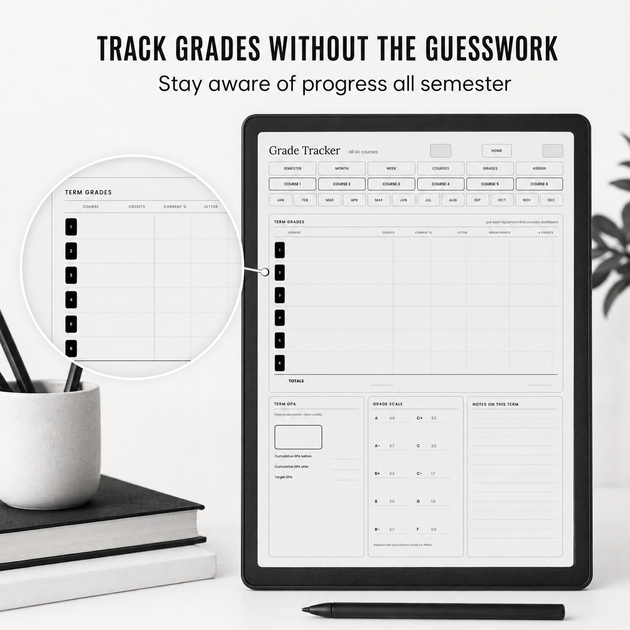 A digital grade tracker template displayed on a tablet screen