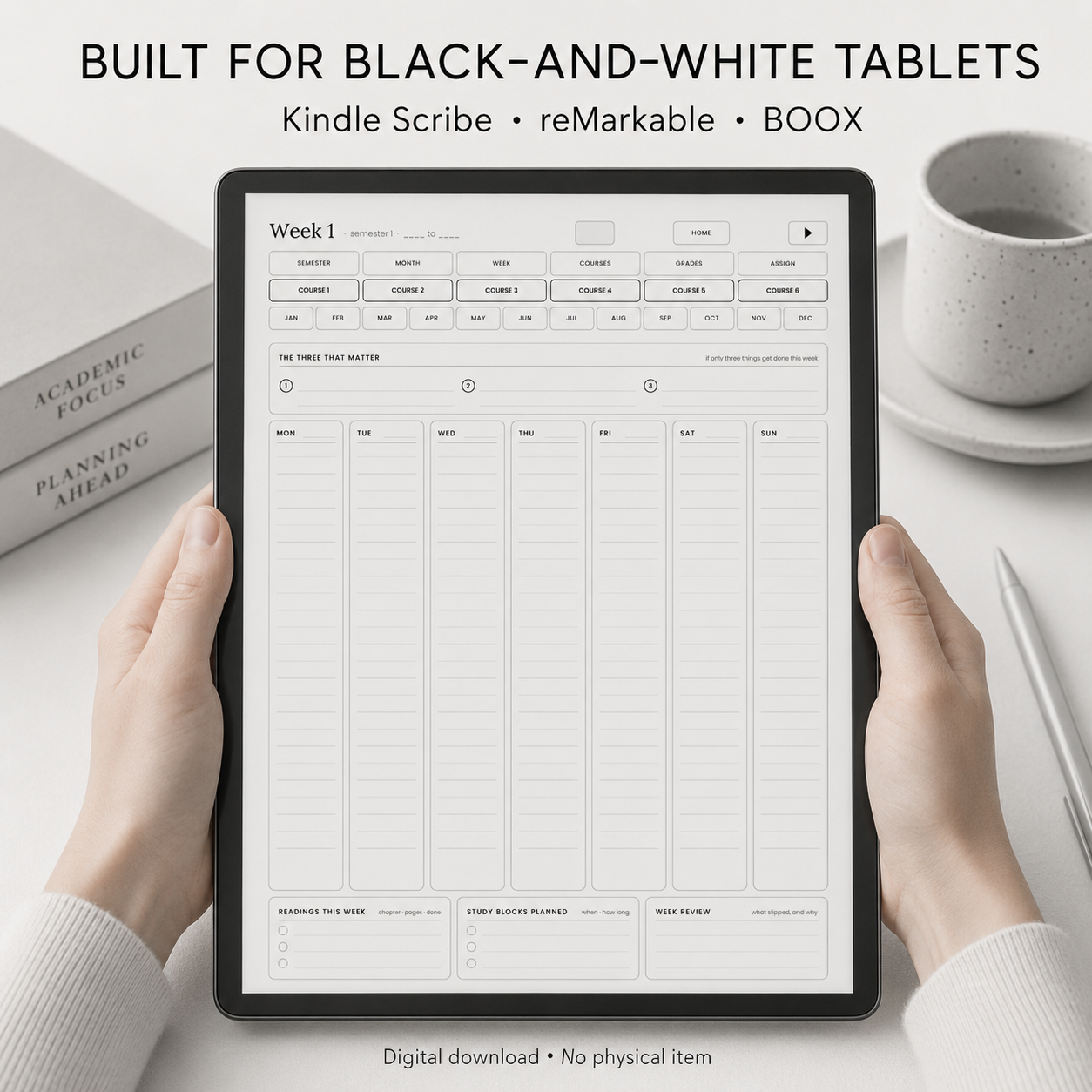A tablet held in two hands on a light desk, displaying a minimalist weekly planner page by CMH Publishing