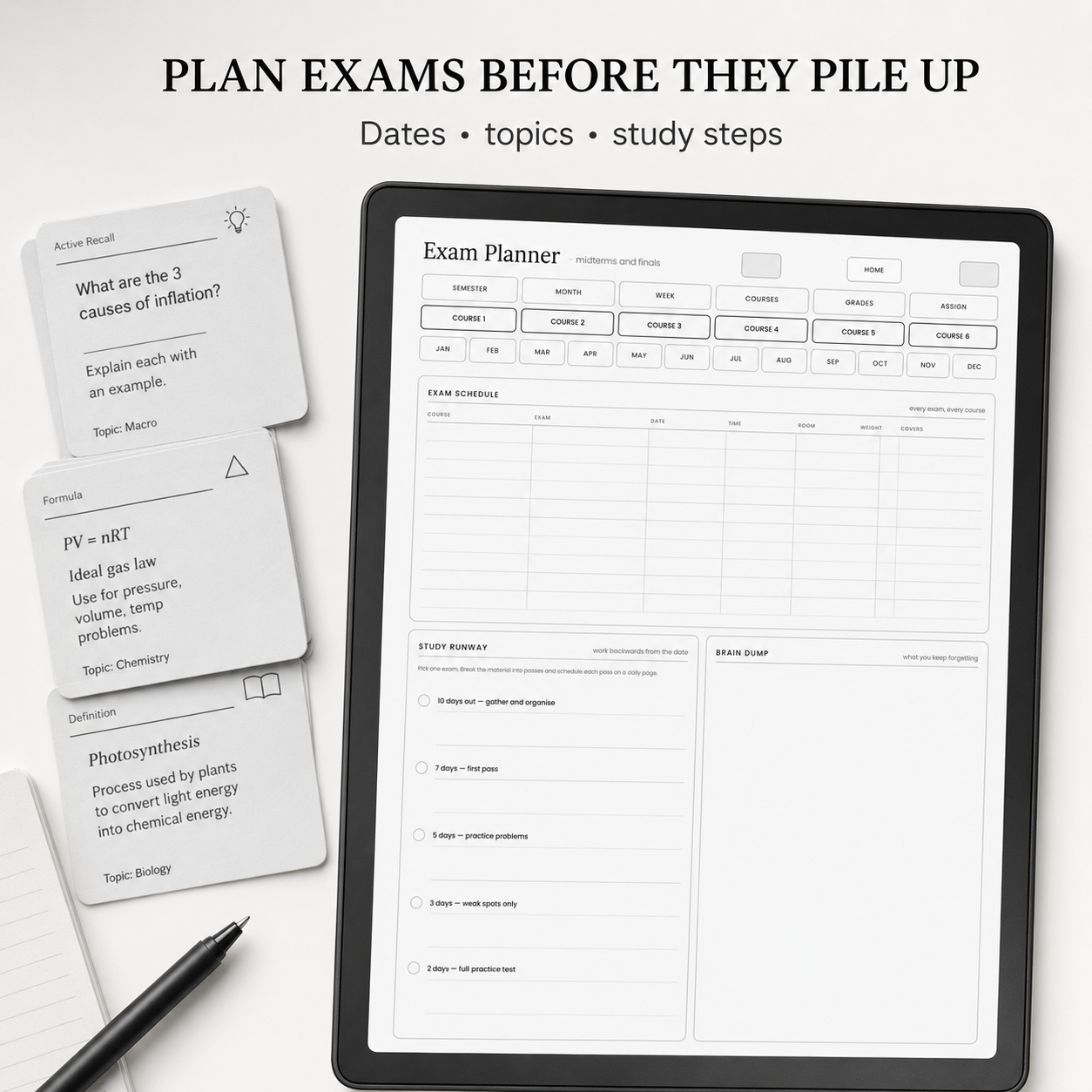 An exam planner displayed on a tablet screen with three sticky note cards and a pen on a light gray background.