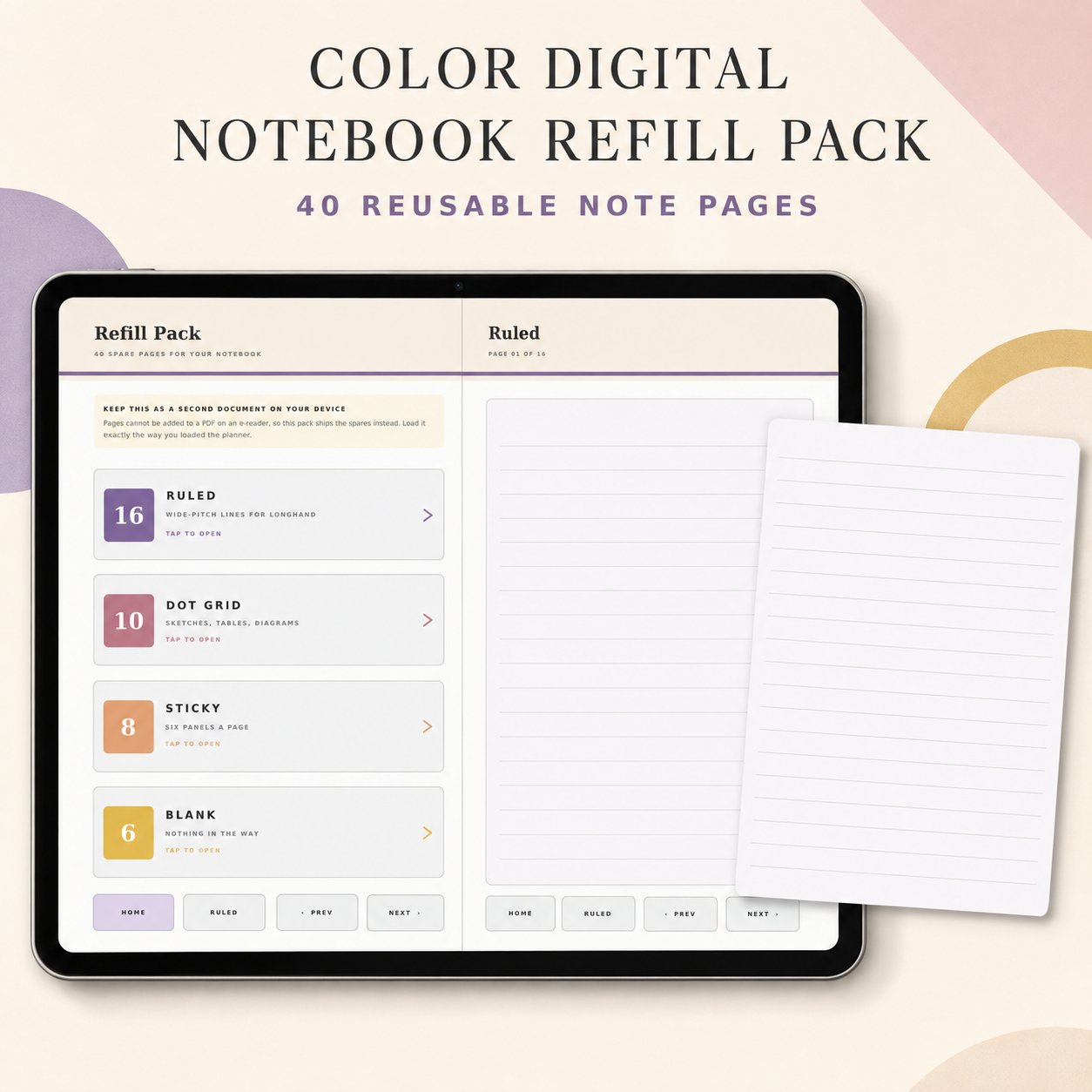 Digital notebook refill pack shown on a tablet screen with a lined note page overlay by CMH Publishing