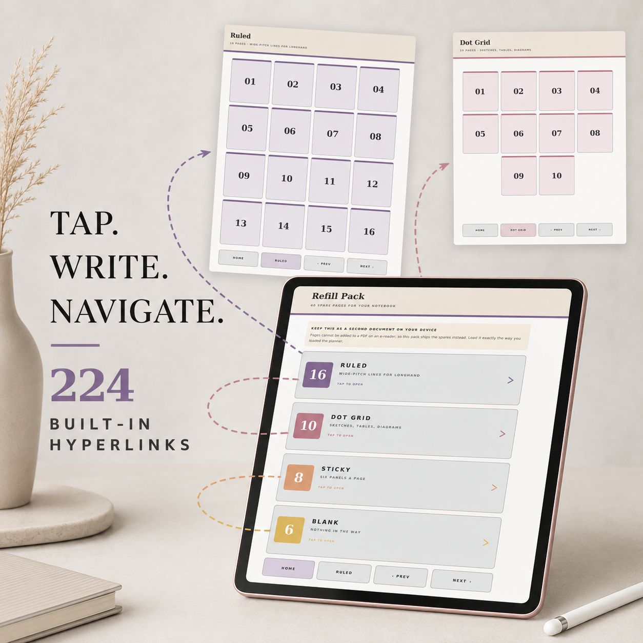 A digital planner template set displayed on a tablet screen, with two desktop calendar views and a list of included tabs shown on a tablet. 
